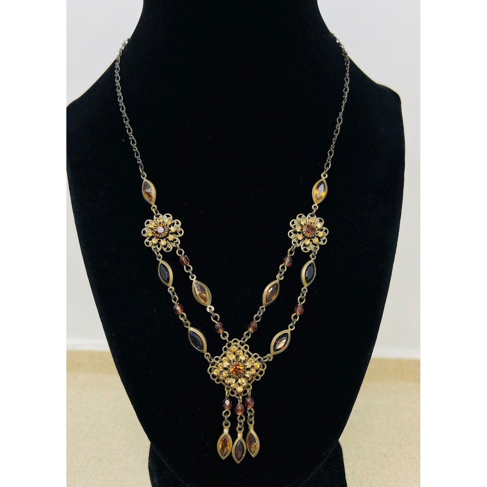 Vintage Brass Tone Amber Rhinestone Filigree Y-Necklace Victorian Style 19 Inch